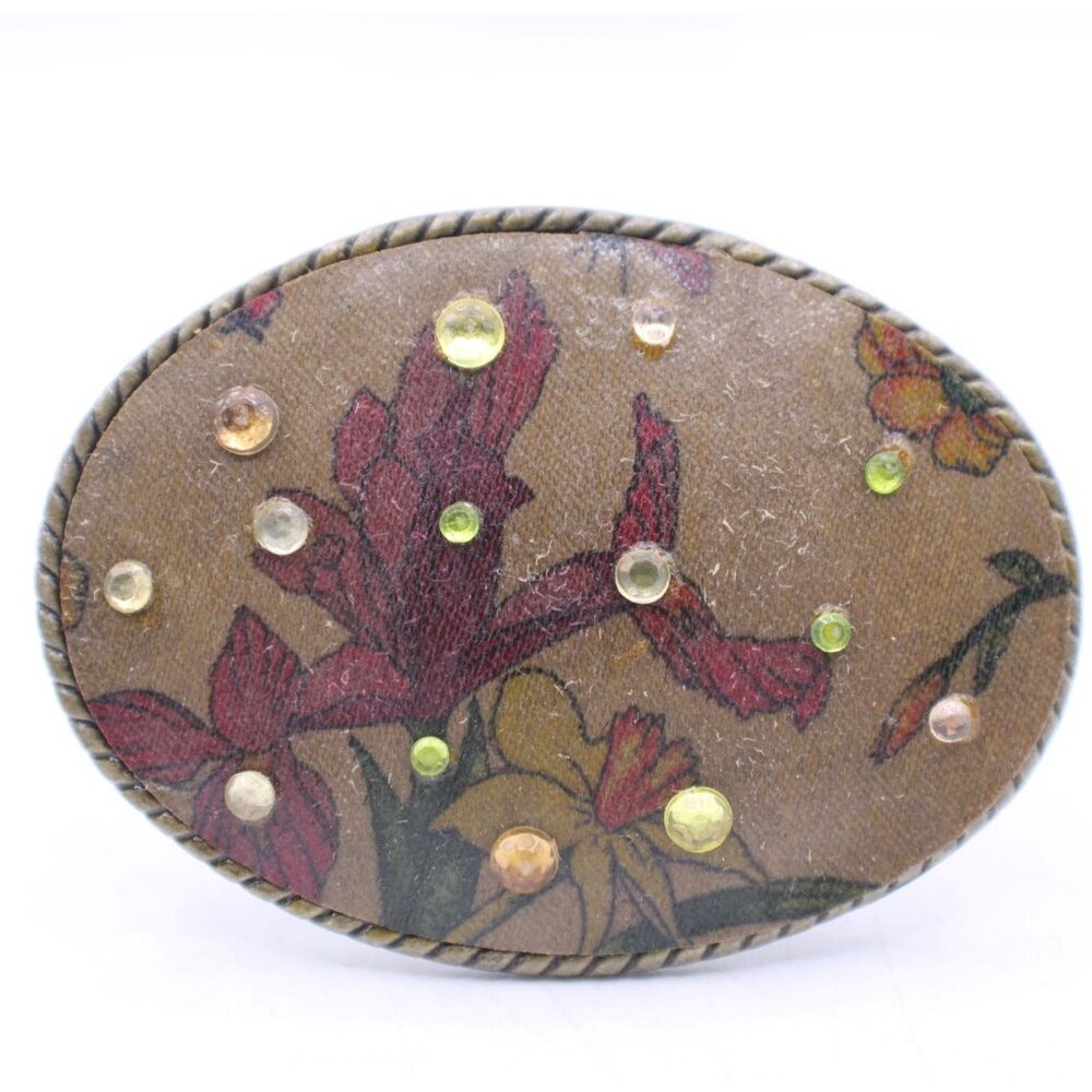 Vintage Floral Oval Belt Buckle Rhinestones Rope Edge Rustic Western Feminine